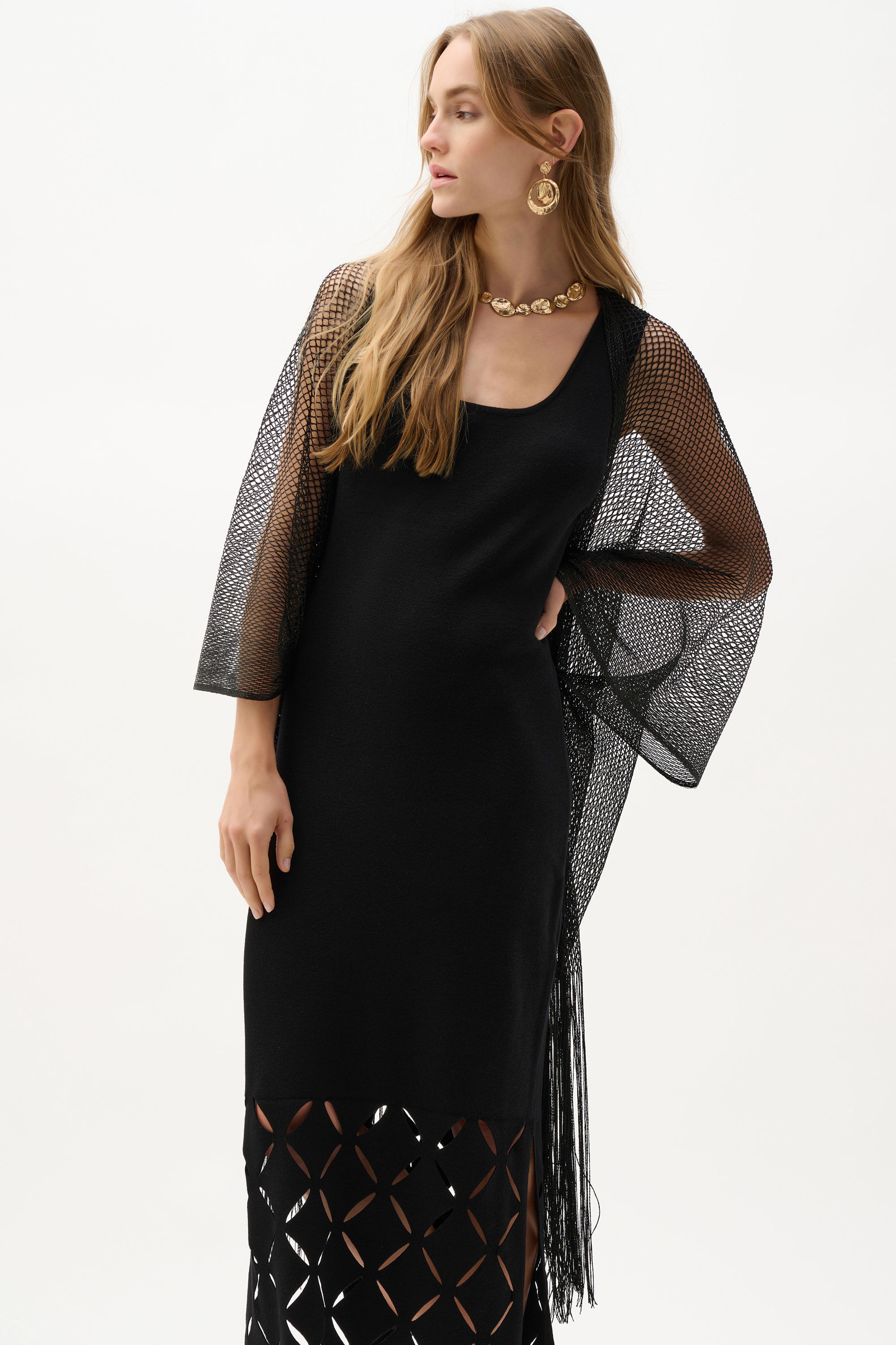 Veste tissée à mailles ouvertes drapée avec franges Joseph Ribkoff 